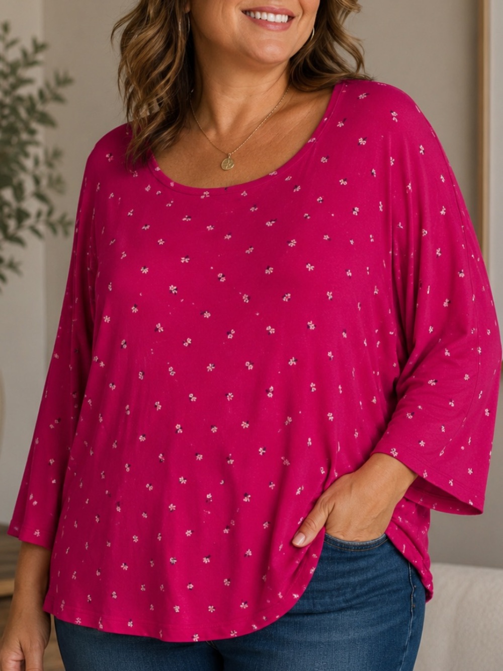 Bright floral tunic with flounce sleeve